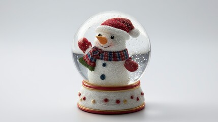 Fototapeta premium A whimsical snow globe showcases a cheerful snowman inside, waving with a smiling face. It has a red and white hat and scarf. Set against a white background