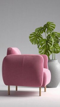 Vorderansicht eines pinken Sessels mit Pflanze &ndash; 3D-Rendering