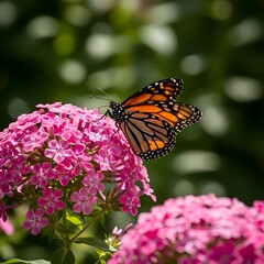 Naklejka premium Monarch Butterfly Resting on Vibrant Pink Flowers in a Sunlit Garden