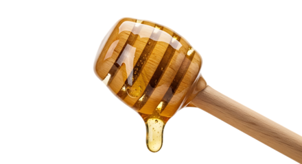 Close up of a wooden honey dipper, with dripping golden honey and air bubbles, isolated on a transparent background, cutout, PNG