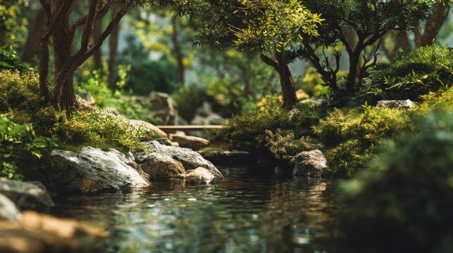 Tranquil pond environment with mossy rocks and lush trees serenity nature