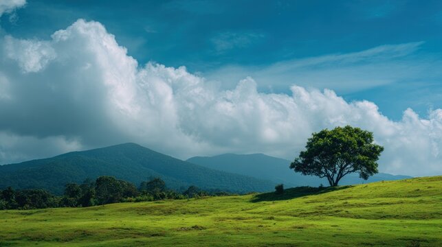 Rolling green meadow with solitary tree and mountain backdrop under cloudy sky - Powered by Adobe