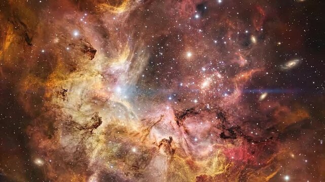 An awe-inspiring journey through a vibrant, colorful nebula filled with countless twinkling stars and swirling cosmic dust. This celestial landscape showcases luminous gaseous clouds in hues of orange
