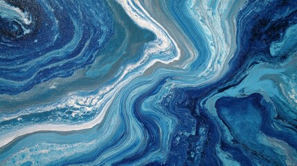 Abstract swirling liquid art. Multiple shades of blue merge with white. Creates dynamic textures and patterns. Fluid composition, wavy flow