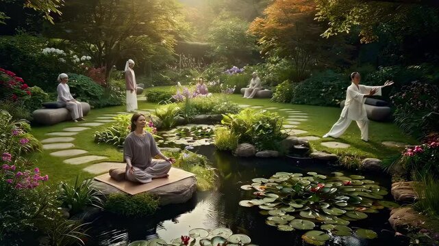 This serene video showcases a beautiful garden scene, featuring individuals practicing meditation and tai chi by a peaceful pond, promoting mindfulness and tranquility in nature.