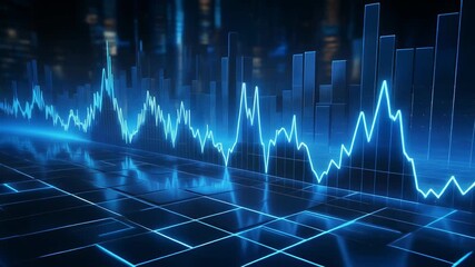Futuristic neon blue financial data visualization on grid surface with dynamic charts and graphs - Powered by Adobe