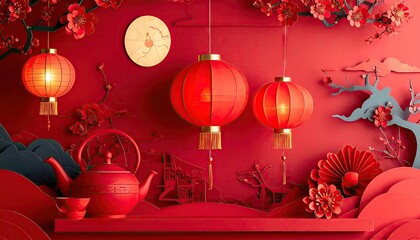 Vibrant Red Chinese New Year Decoration With Ornate Lanterns Cherry Blossoms And Traditional Teapot Scene