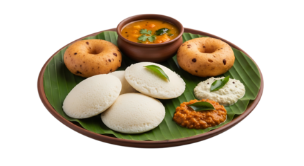 South Indian breakfast platter, with idli vada sambar and chutneys on banana leaf, isolated on a transparent background, cutout, PNG