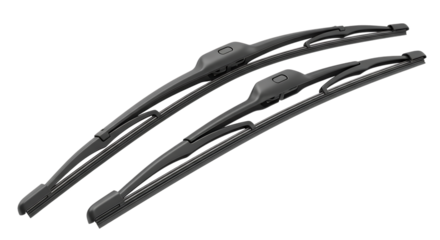 Two Dark Gray Automotive Windshield Wiper Blades, with Arranged Diagonally, isolated on a transparent background, cutout, PNG
