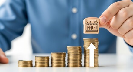 Hand placing a small wooden shop icon on top of a growing stack of coins, symbolizing business growth and investment success.