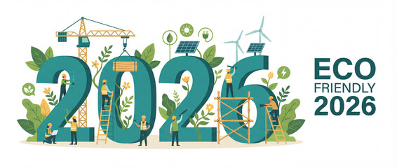 Illustration depicting the year 2026 with eco-friendly construction, featuring solar panels, wind turbines, and people working on sustainable development for the future.