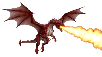 Red dragon, breathing fire, cutout, PNG isolated on white or transparent background