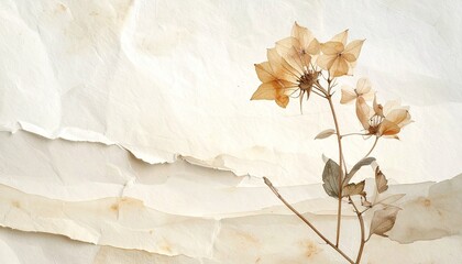 Vintage Dried Hydrangea Flower Stem on Textured Aged Paper Background