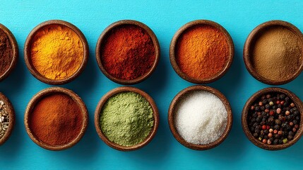 Colorful Spices in Wooden Bowls on Textured Blue Surface Close Up Flat Lay Still Life