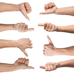 Men showing thumbs-up on white background, closeup. Collection of male hands