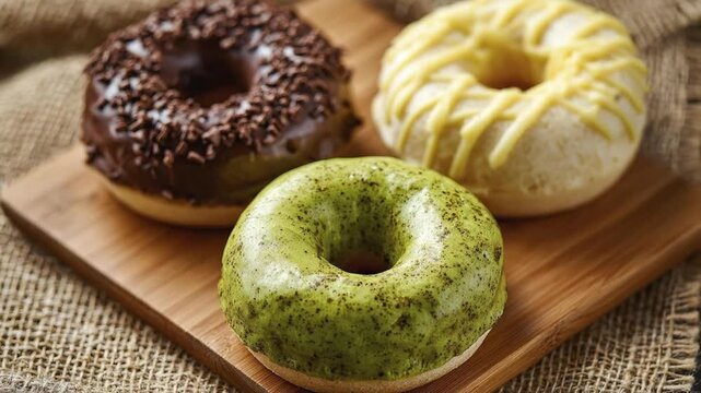 A tempting trio of freshly baked ring-shaped treats, adorned with vibrant glazes and toppings, rests appealingly on a rustic wooden board. One features rich chocolate with abundant sprinkles, another 