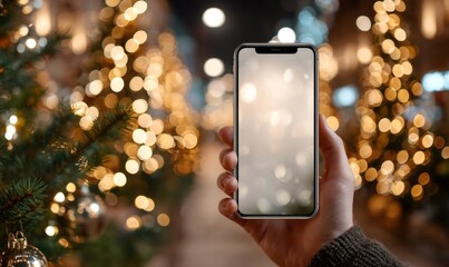 Hand holding a modern smartphone with a white screen mockup, surrounded by glowing christmas tree lights and festive bokeh