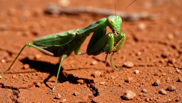 A vivid green European Mantis stands on red soil and meticulously grooms its spiky raptorial foreleg with its mouth