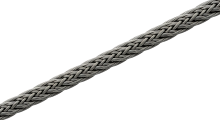 Close up of a thick braided metal wire cable, with a metallic sheen, isolated on a transparent background, cutout, PNG