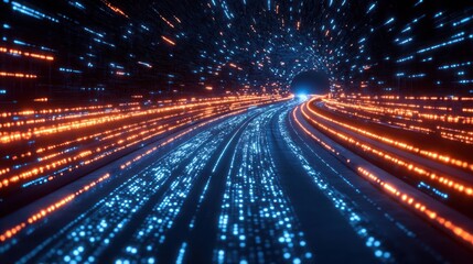 Abstract digital tunnel with streams of blue and orange glowing particles representing data flow and speed in a futuristic network landscape with dark background and bright lights