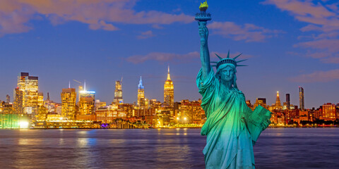 America statue. New York City harbor view with America monument. Famous symbol in New York City skyline. Liberty statue and New York City skyline. Liberty monument and New York City skyline.