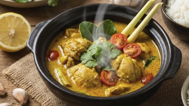 A vibrant and appetizing close-up showcases a steaming bowl of rich, yellow savory curry, brimming with succulent pieces of protein and fresh ingredients. Garnished with bright red sliced tomatoes, fr