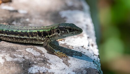 Fototapeta premium European green lizard climbing on concrete wall during summertime in daylight