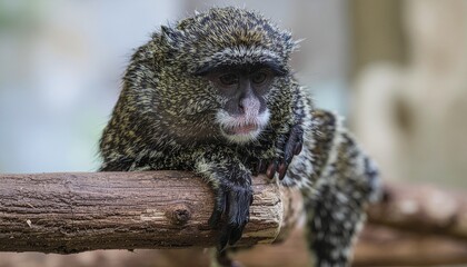 Cute brazza monkey resting on branch in close up and looking at the camera view