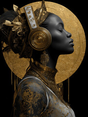 Black and Gold Painted Woman Wearing Over-Ear Headphones in Profile on Dark Background