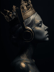 Black and Gold Painted Woman Wearing Over-Ear Headphones in Profile on Dark Background