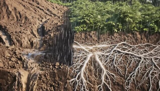A split-screen animation compares soil erosion on barren land versus the stabilizing effect of plant roots during rainfall