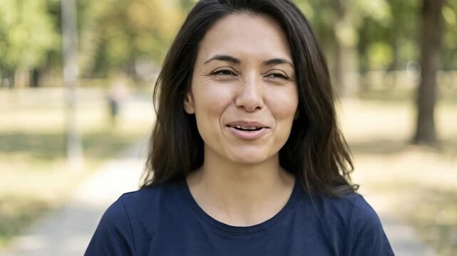 A vibrant and attractive woman bursts into genuine laughter in an outdoor setting, her face illuminated with pure joy and authentic emotion. Her eyes crinkle beautifully with delight as a wide, natura