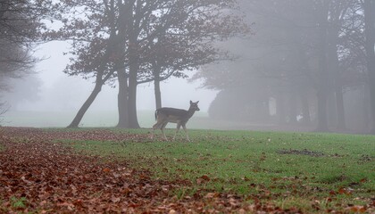 Fallow deer in foggy forest standing on clearing with autumn leaves landscape