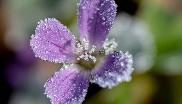 Blooming wild geranium flower with lilac petals covered with morning frost closeup