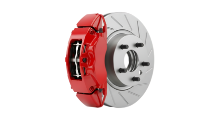 Red brake caliper, with and slotted rotor with bolts, isolated on a transparent background, cutout, PNG