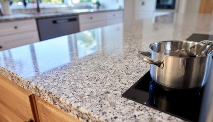 Granite countertop with stainless steel pot on electric stove in modern kitchen