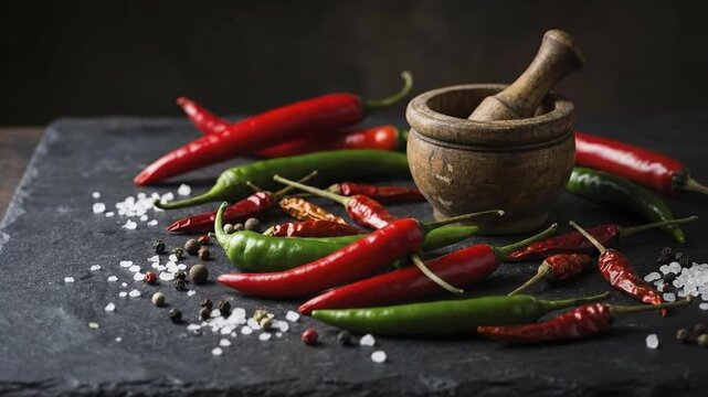 A vibrant and rustic composition showcasing a medley of fresh red and green chili peppers, alongside dried peppers, scattered coarse sea salt, and various peppercorns on a dark, textured slate surface