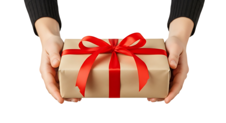 Hands, with holding a rectangular gift box wrapped in brown paper with a red satin ribbon and bow, isolated on a transparent background, cutout, PNG