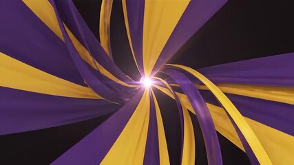 A vibrant and dynamic abstract background features yellow and purple flowing ribbons spiraling towards a bright central light source creating a mesmerizing tunnel effect with energetic movement and a. - Powered by Adobe