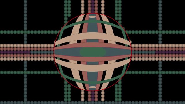 Stylized retro 2d animation with sphere in middle. Dots pattern around with changing dynamic stripes