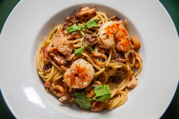 Shrimp pasta overview close up