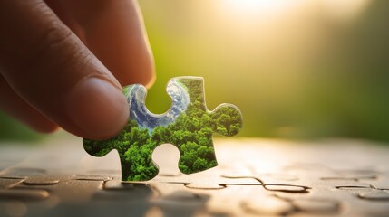Close-up of a hand placing a piece of a jigsaw puzzle depicting a lush forest and water into place with bokeh background
