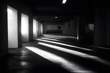 Shadows and light create patterns in a concrete parking structure during the day