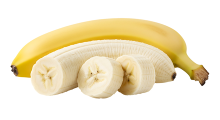 Whole yellow banana, with peeled section and slices, isolated on a transparent background, cutout, PNG