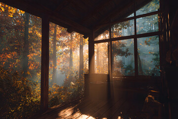 Obraz premium Cozy cabin living room with autumn view of serene forest in warm sunlight
