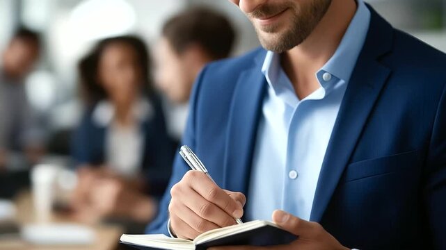 Young faceless businessman writing in notebook looking at colleague modern office setting professional note taking business discussion corporate workspace teamwork session