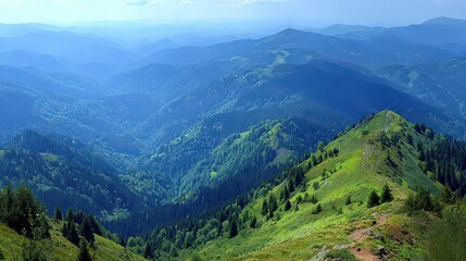 Naklejka premium Lush Green Mountain Range Landscape View Under Bright Sunlight and Sky with Depth and Details of Distant Peaks Covered in Trees in Summer Day