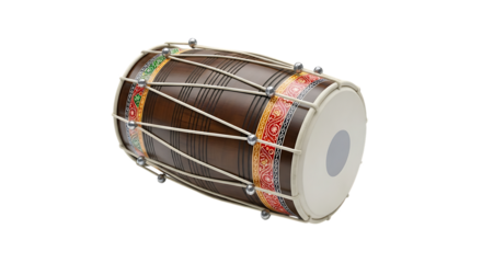 Traditional Dholak Drum, with Decorative Bands and White Drumheads, isolated on a transparent background, cutout, PNG