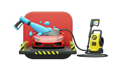 Red Car Being Washed with Pressure Washer - 3D Render