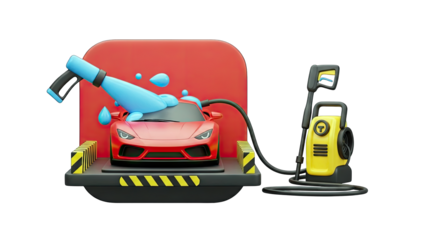 Red Car Being Washed with Pressure Washer - 3D Render